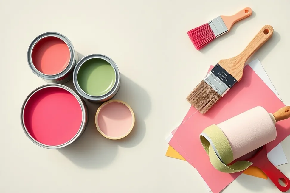 Pots de peinture, nuancier, brosses et rouleaux disposés à plat