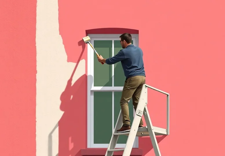 Peintre sur échafaudage traitant la façade d'une maison